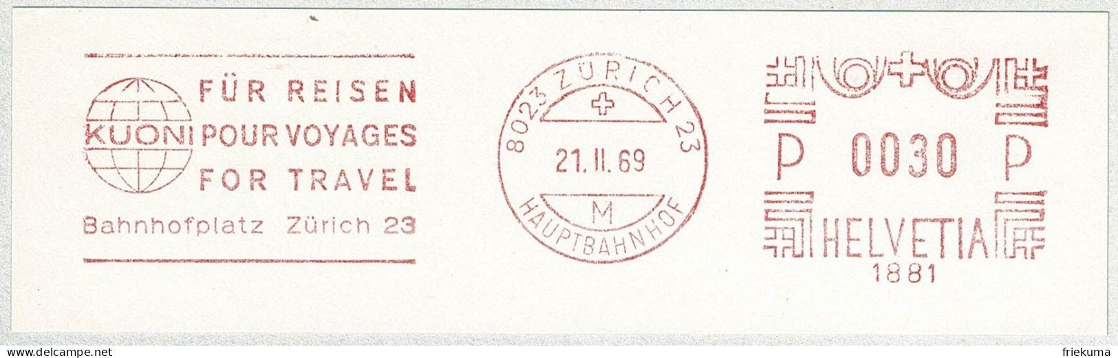 Schweiz / Helvetia 1969, Freistempel / EMA / Meterstamp Kuoni Reisen Zürich, Voyages / Travel - Autres & Non Classés