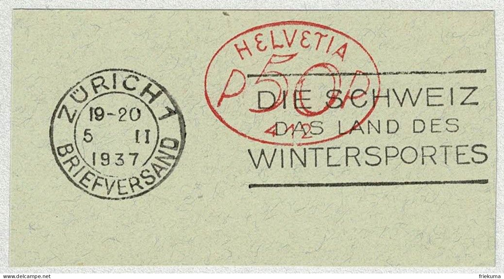 Schweiz / Helvetia 1937, Flaggenstempel Land Des Wintersportes, Tourismus, Freistempel / EMA / Meterstamp Oval 50 Rp. - Autres & Non Classés