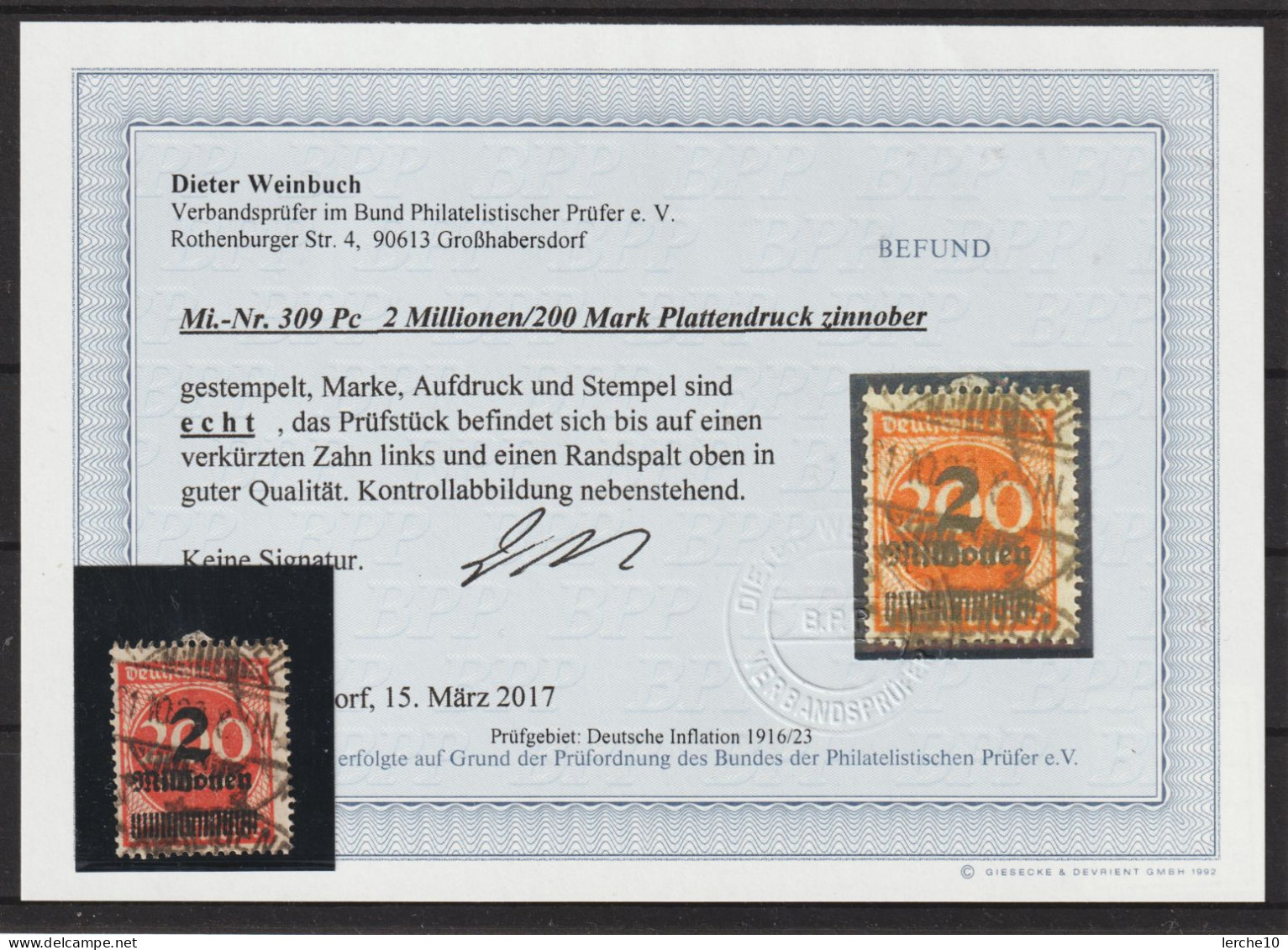 MiNr. 309 Pc Gestempelt, Befund Weinbuch BPP (0415) - Used Stamps