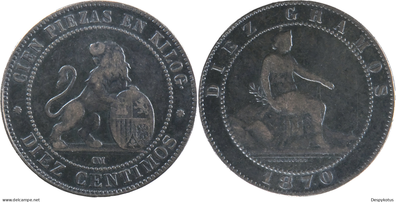 ESPAGNE - 1870 - DIEZ CENTIMOS - Gouvernement Provisoire - 20-006 - Eerste Muntslagen