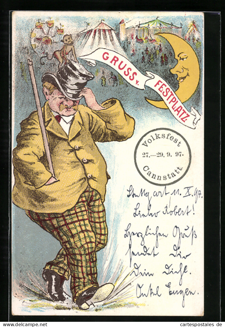 AK Cannstatt, Volksfest 27.-29.9.1897, Besucher Des Fests Zieht Den Hut Ins Gesicht, Affe, Mond, Karussel  - Autres & Non Classés