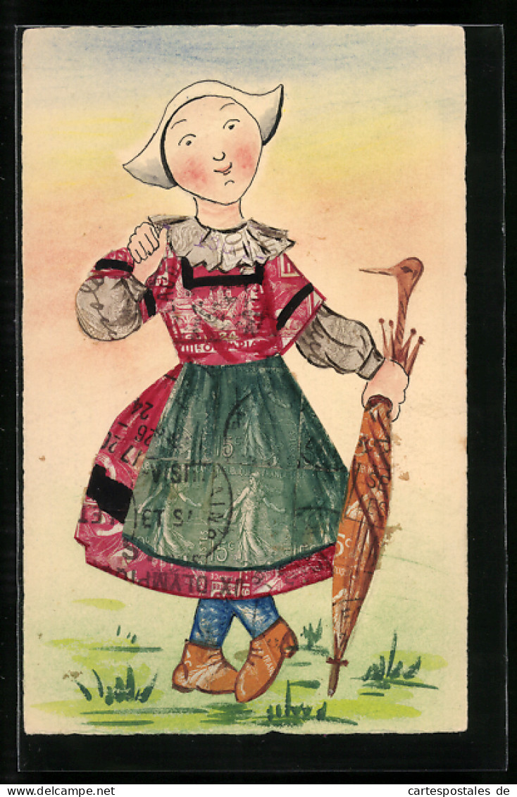 Künstler-AK Frau Im Kleid Geklebt Aus Einer Briefmarkencollage  - Postzegels (afbeeldingen)