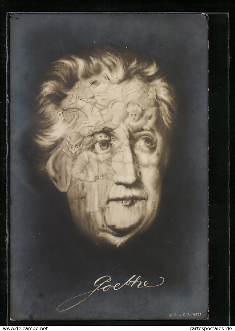 AK Dichter J. W. V. Goethe, Gesicht Geformt Aus Figuren Seiner Geschichten  - Writers