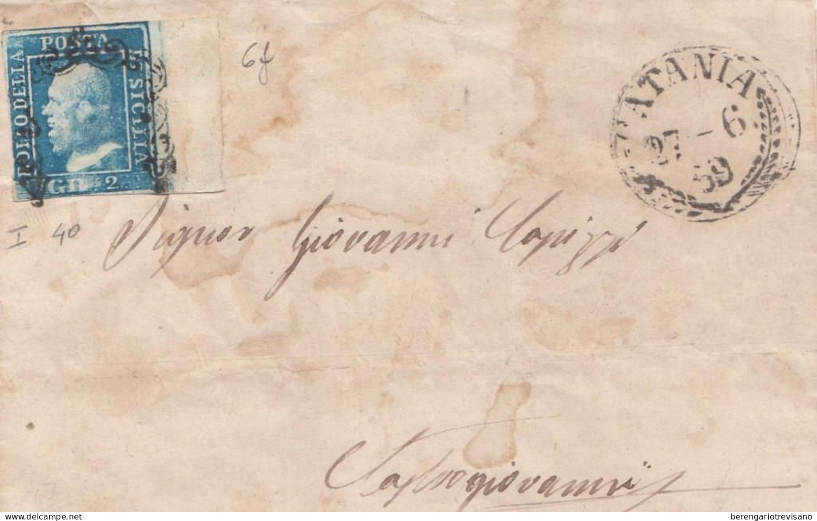 765 - SICILIA - Involucro Di Lettera Del 1859 Da Catania A San Giovanni Con 2 Grana Azzurro Vivo. - Sicile