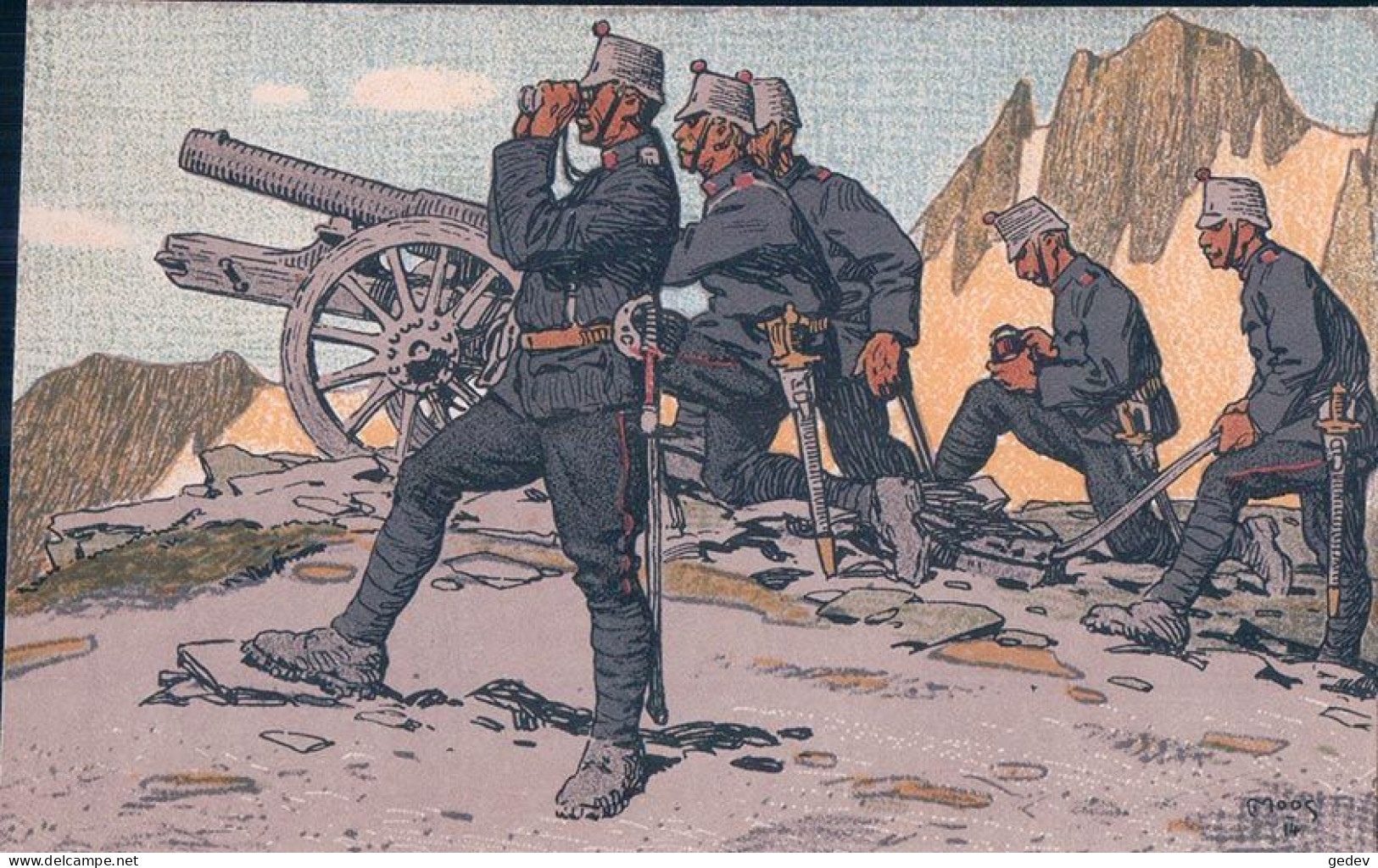 Guerre 14-18, Armée Suisse, Artillerie, Canon Et Soldat, Litho, Moos Illustrateur (191) - Guerre 1914-18