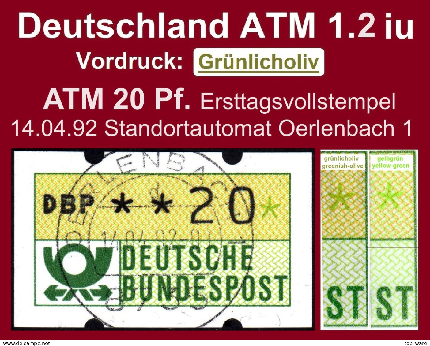 Deutschland Bund ATM 1.2 Iu Grünlicholiv 20Pf. Ersttag Voll-O 14.4.92  Standortautomat Oerlenbach Automatenmarken Nagler - Timbres De Distributeurs [ATM]