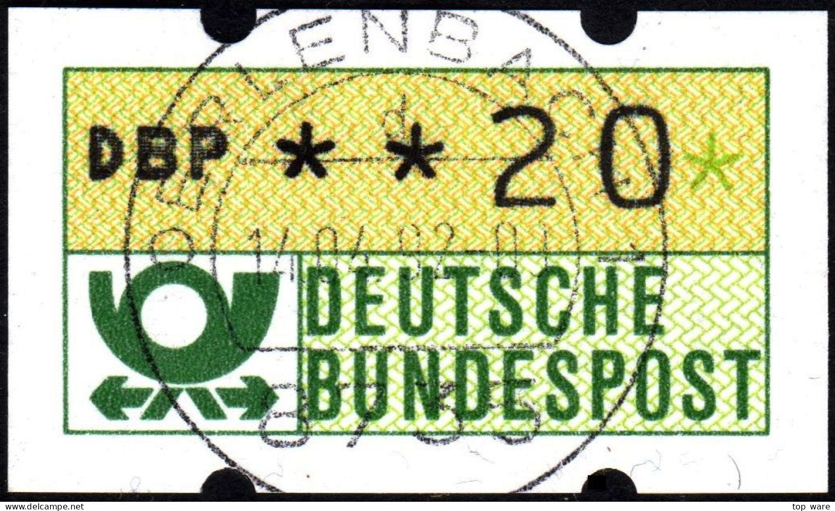 Deutschland Bund ATM 1.2 Iu Grünlicholiv 20Pf. Ersttag Voll-O 14.4.92  Standortautomat Oerlenbach Automatenmarken Nagler - Machine Labels [ATM]