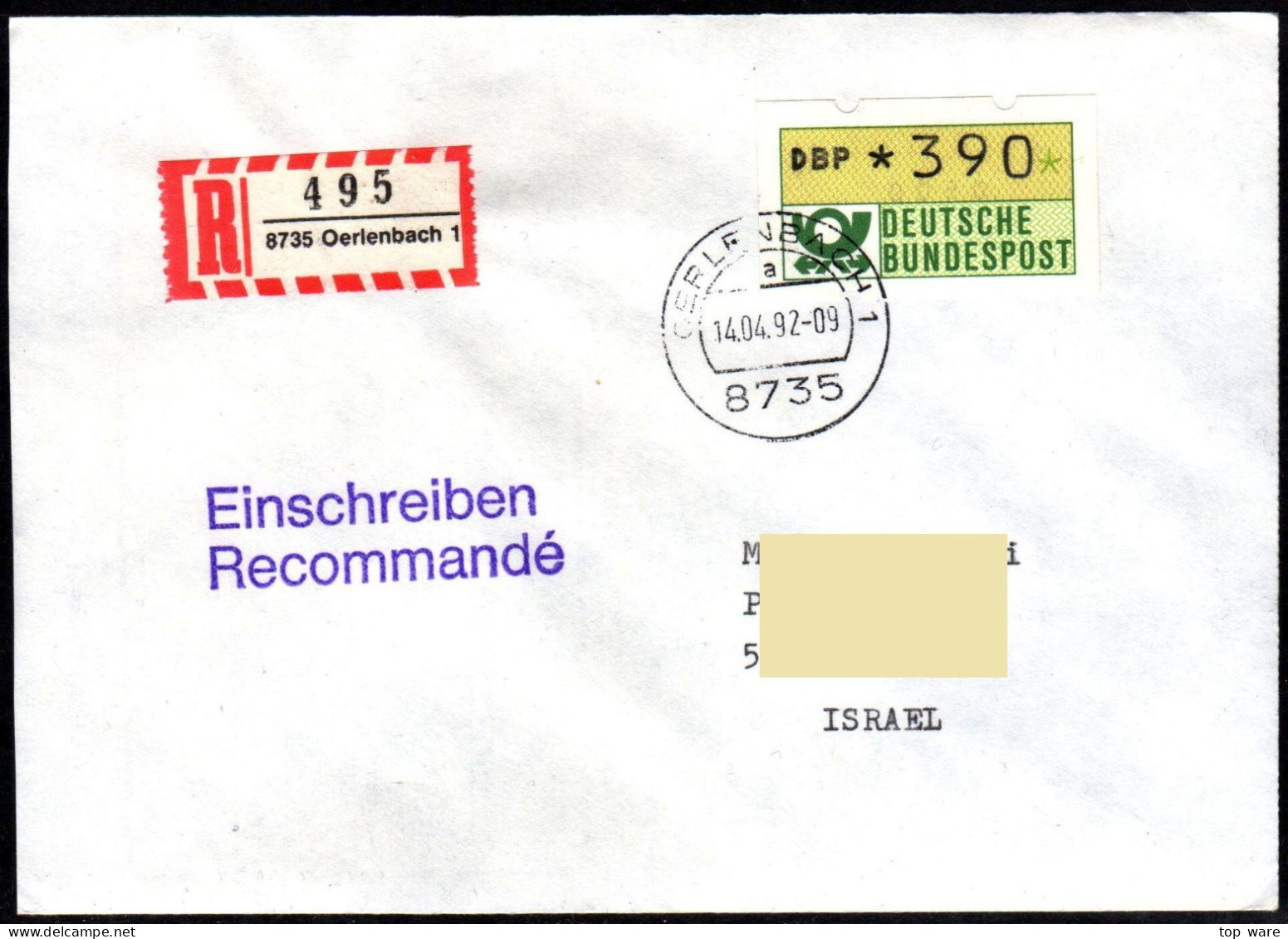 Deutschland Bund ATM 1.2 Iu Grünlicholiv 390Pf. FDC Einschreiben Israel 14.04.92 Oerlenbach Automatenmarken Nagler - Machine Labels [ATM]