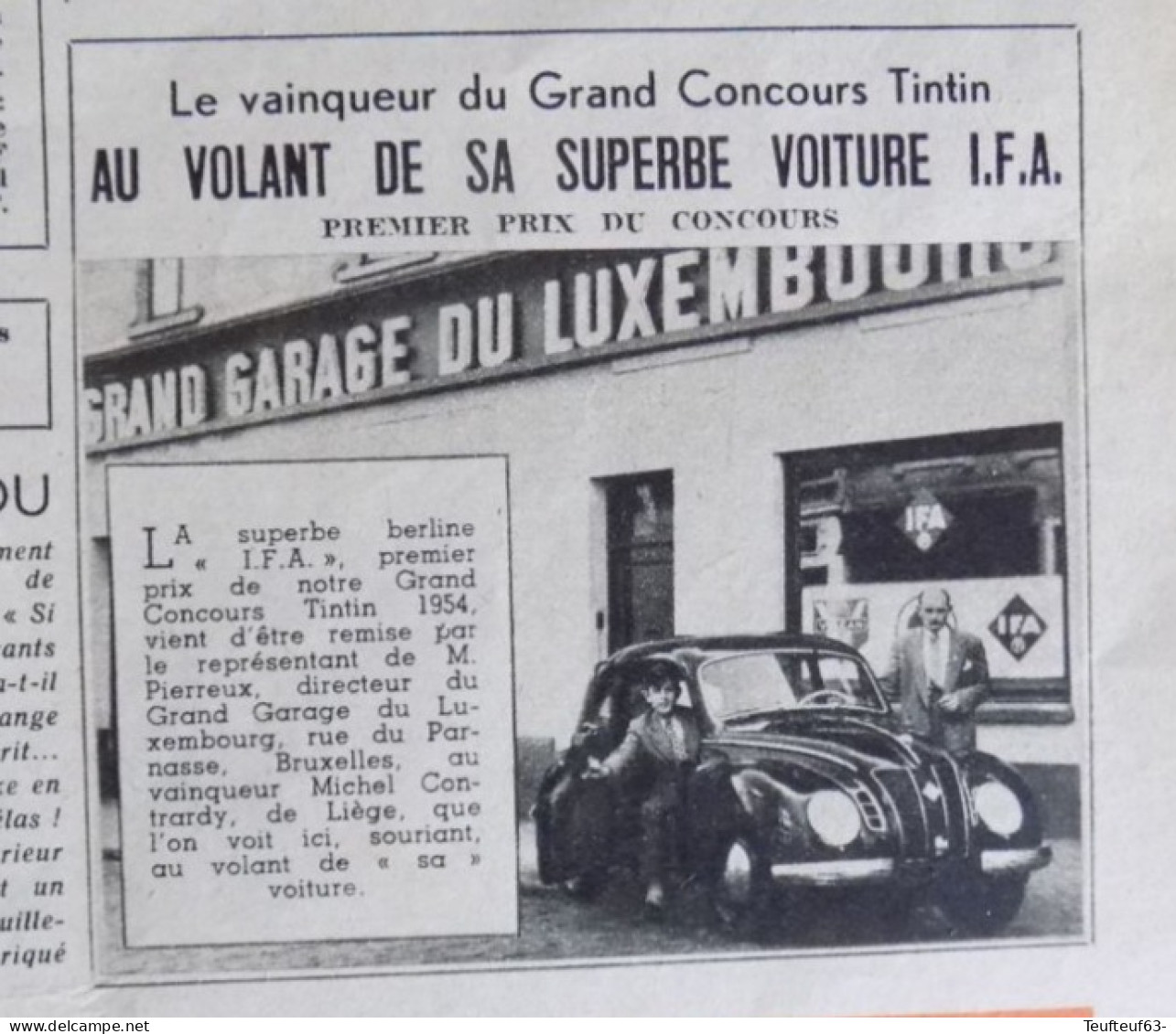 Publicité De Presse ; Gagnant Geand Concours Tintin Mr; Michel Contrardy - Grand Garage Du Luxembourg - Non Classés