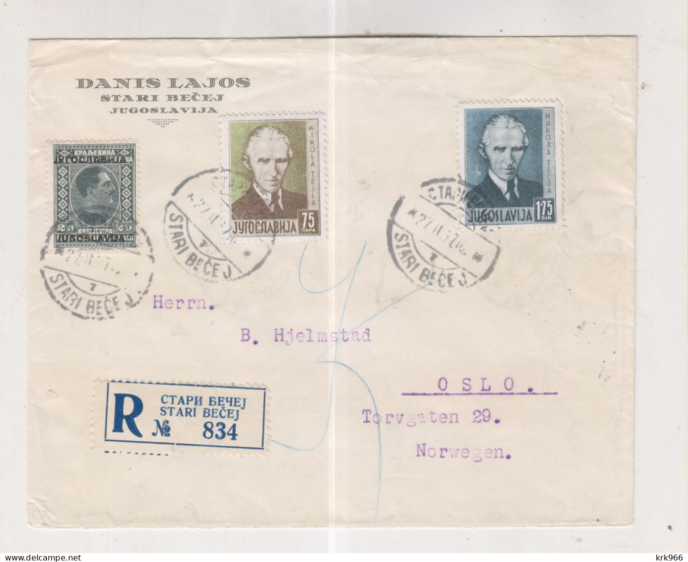 YUGOSLAVIA,1937 NOVI BECEJ Registered Cover To NORWAY - Covers & Documents