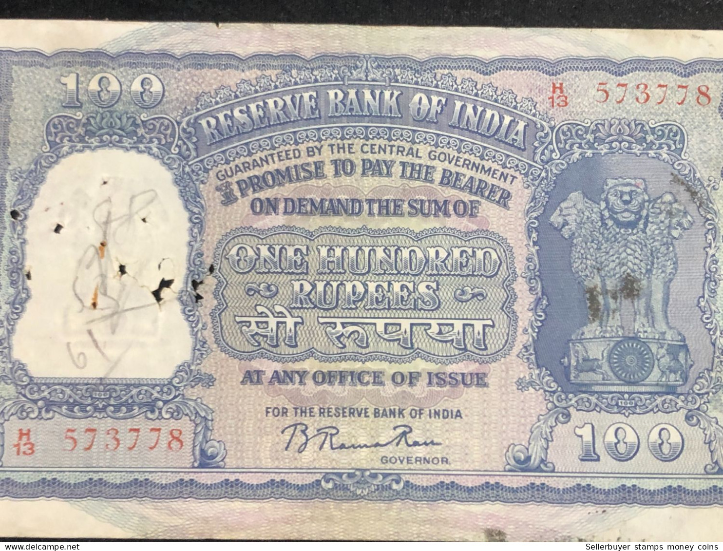 INDIA 100 RUPEES P-43  1957 TIGER ELEPHANT DAM MONEY BILL Rhas pinhole ARE BANK NOTE Red numbers above and below 1 pcs a