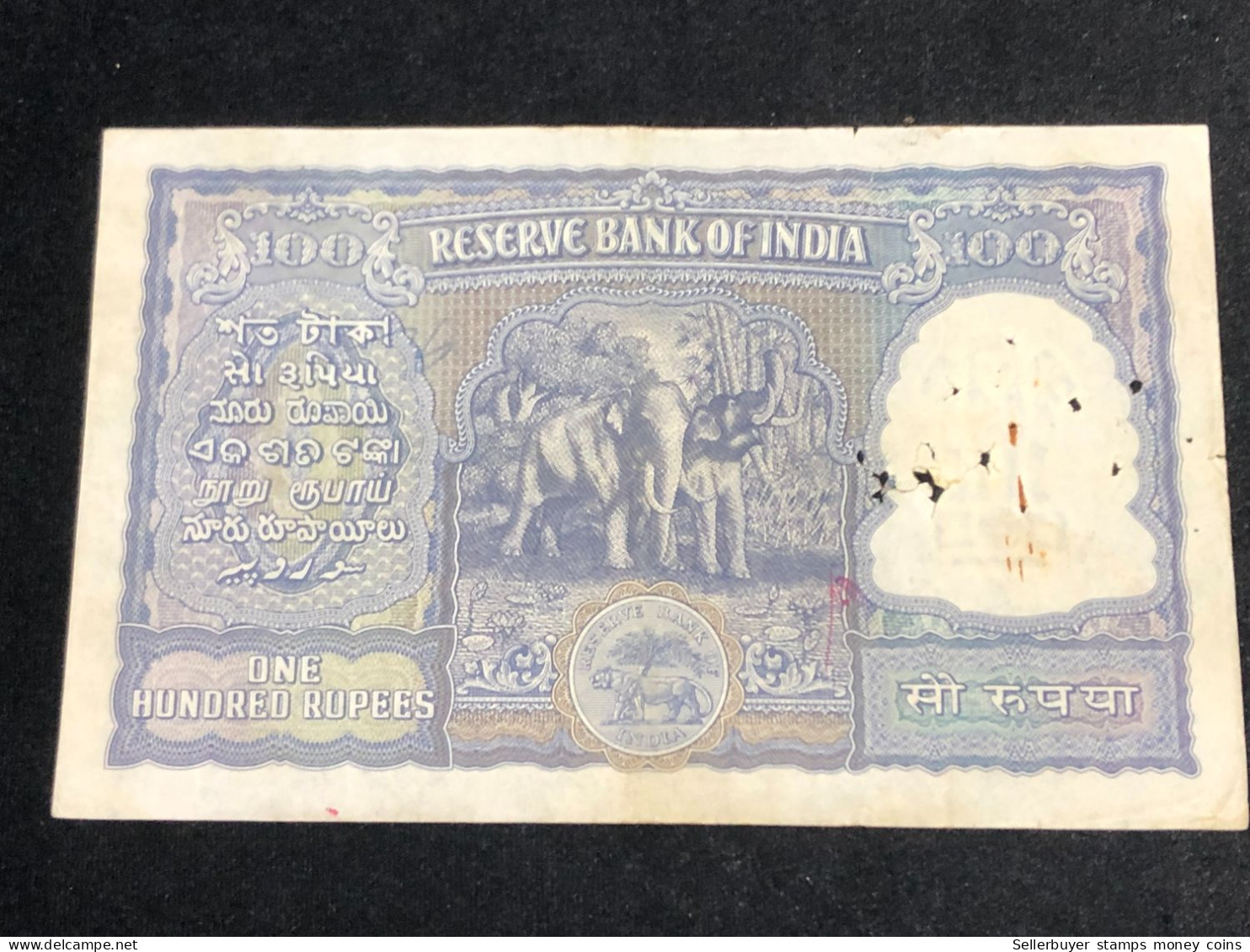 INDIA 100 RUPEES P-43  1957 TIGER ELEPHANT DAM MONEY BILL Rhas pinhole ARE BANK NOTE Red numbers above and below 1 pcs a