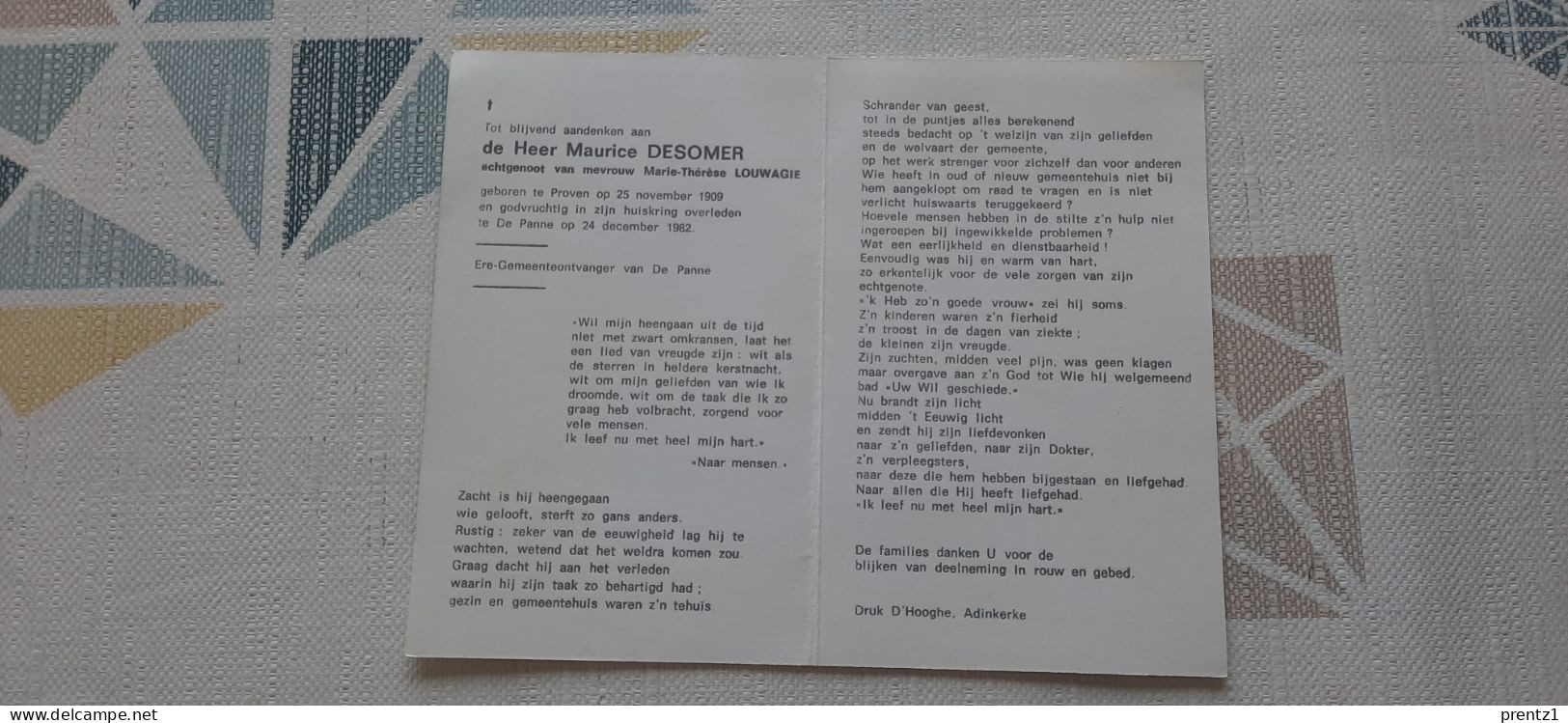 Maurice Desomer Geb. Proven 25/11/1909- Getr. M. Louwagie -  Gest. De Panne 24/12/1982 - Images Religieuses
