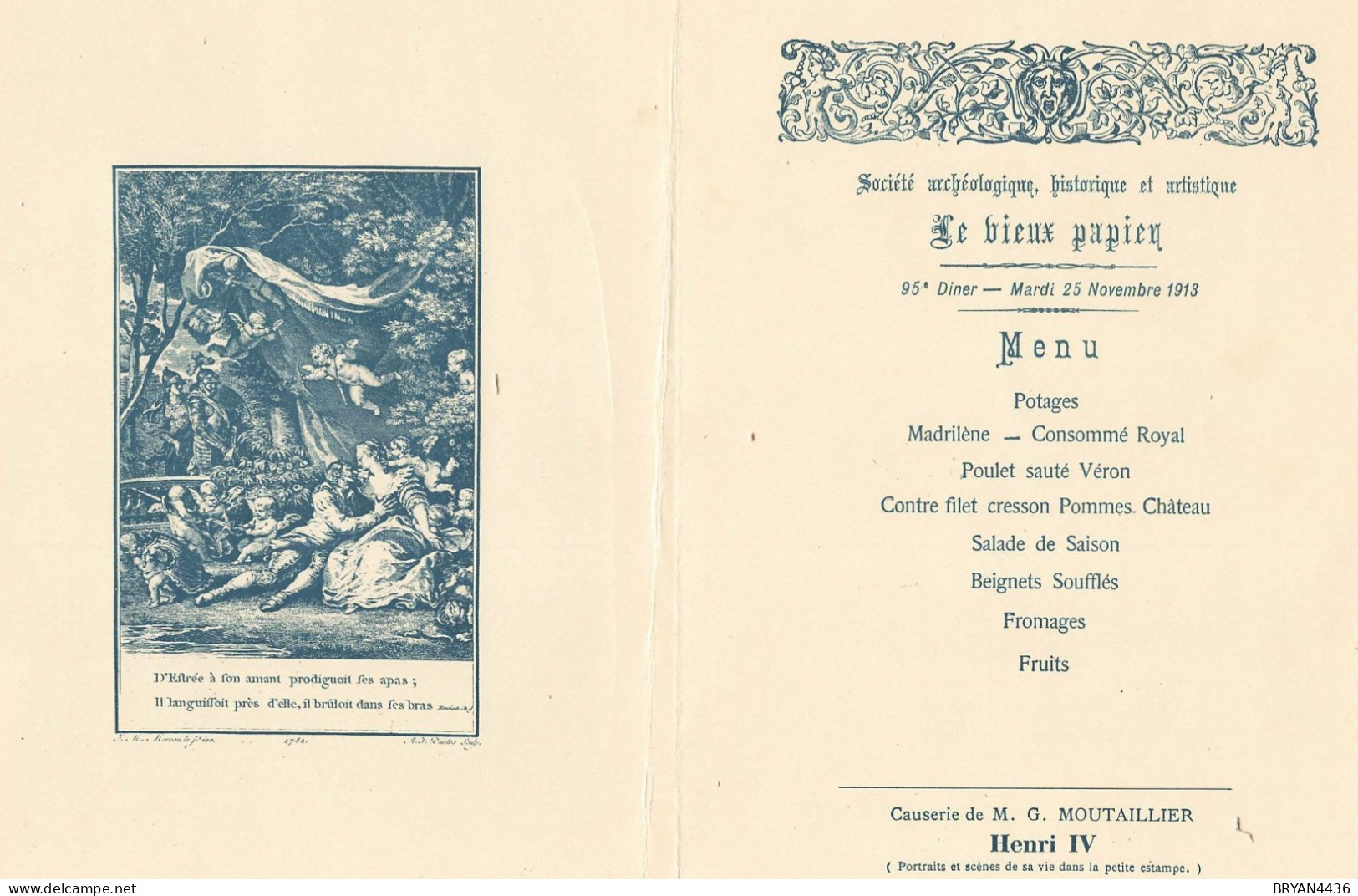MENU ANCIEN - ILLUSTRE - SOCIETE ARCHEOLOGIQUE " LE VIEUX PAPIER" - 95° DINER - NOVEMBRE 1913  (17 X 22 Cm) état - Menu