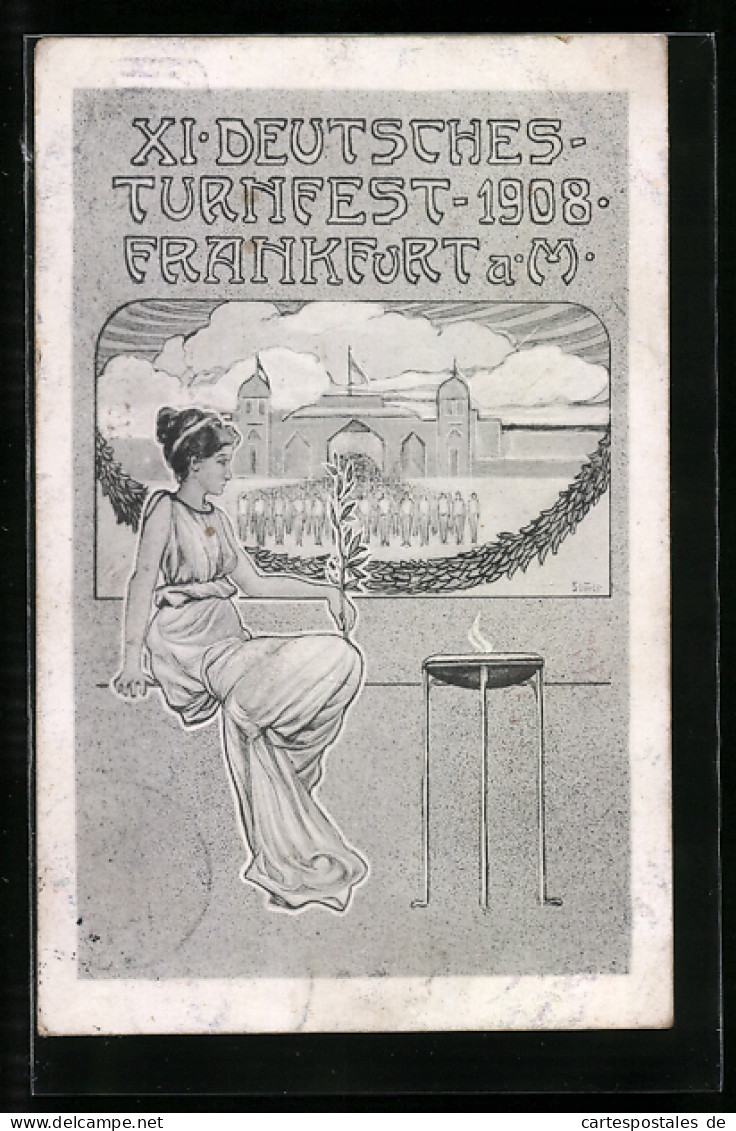 Künstler-AK Frankfurt A. M., XI. Deutsches Turnfest 1908, Schöne Frau Vor Dem Festplatz  - Sonstige & Ohne Zuordnung