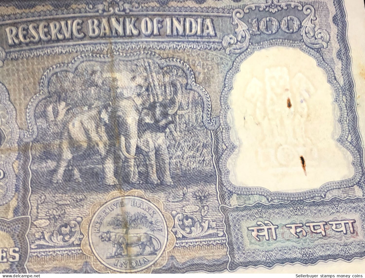 INDIA 100 RUPEES P-43  1957 TIGER ELEPHANT DAM MONEY BILL Rhas pinhole ARE BANK NOTE Red numbers above and below 1 pcs a