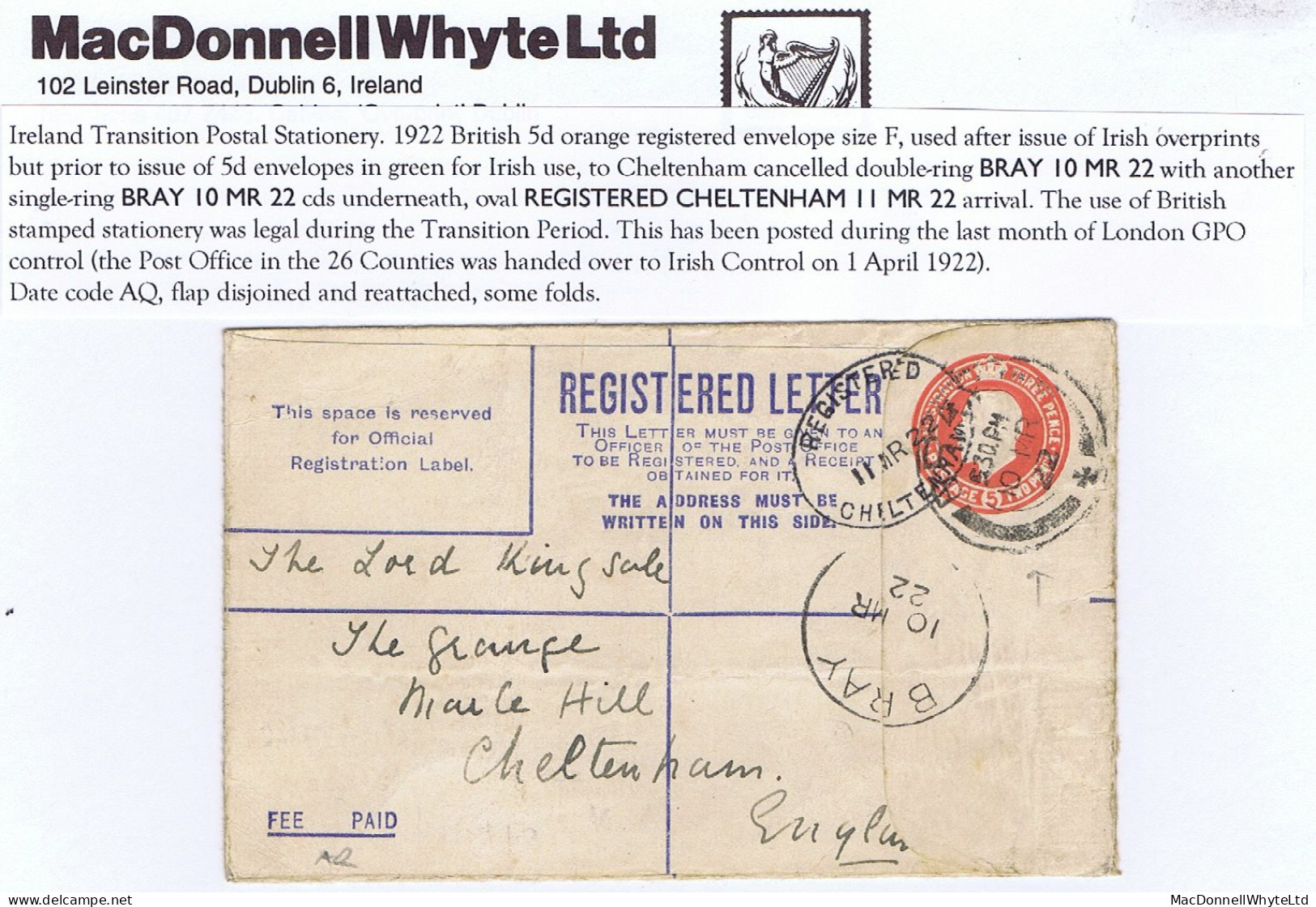 Ireland Transition Wicklow 1922 British 5d Orange Reg Env Used After Issue Of Overprints BRAY 10 MR 22 To Cheltenham - Postal Stationery