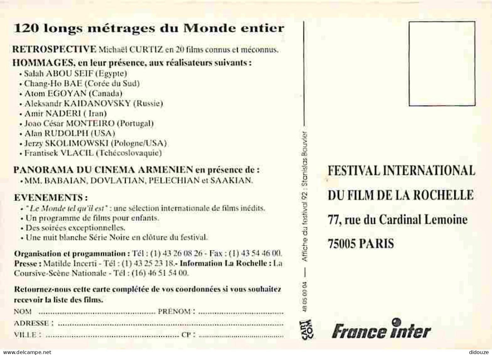 Cinema - Festival - Salon - 20e Festival International Du Film De La Rochelle Du 26 Juin Au 6 Juillet 1992 - CPM - Voir  - Autres & Non Classés