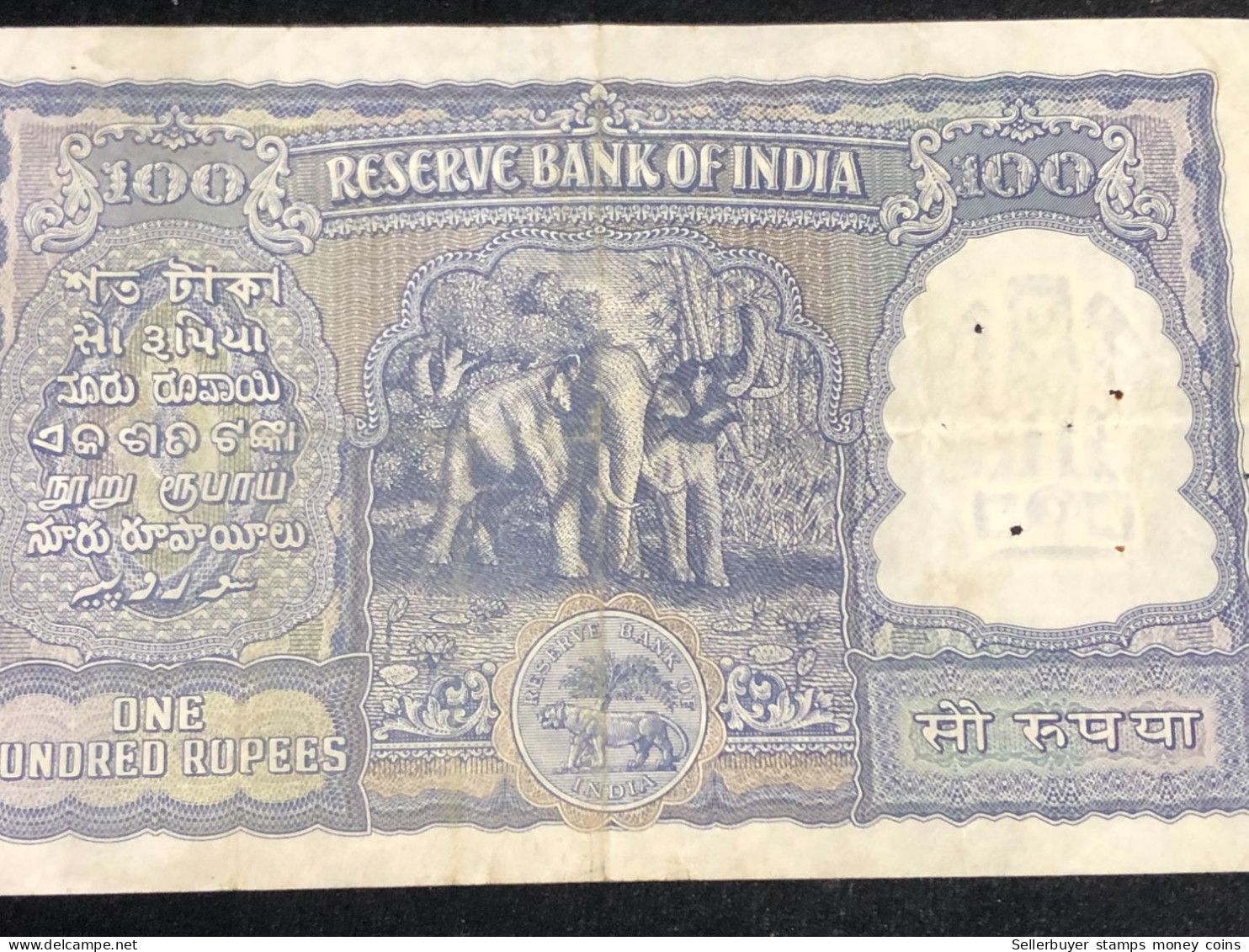 INDIA 100 RUPEES P-43  1957 TIGER ELEPHANT DAM MONEY BILL Rhas pinhole ARE BANK NOTE Red numbers above and below 1 pcs a