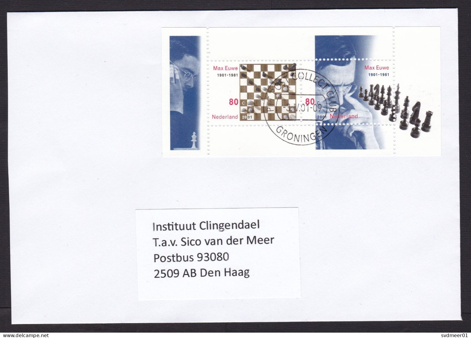 Netherlands: Cover, 2001, 2 Stamps, Souvenir Sheet, Chess Champion Max Euwe (traces Of Use) - Brieven En Documenten