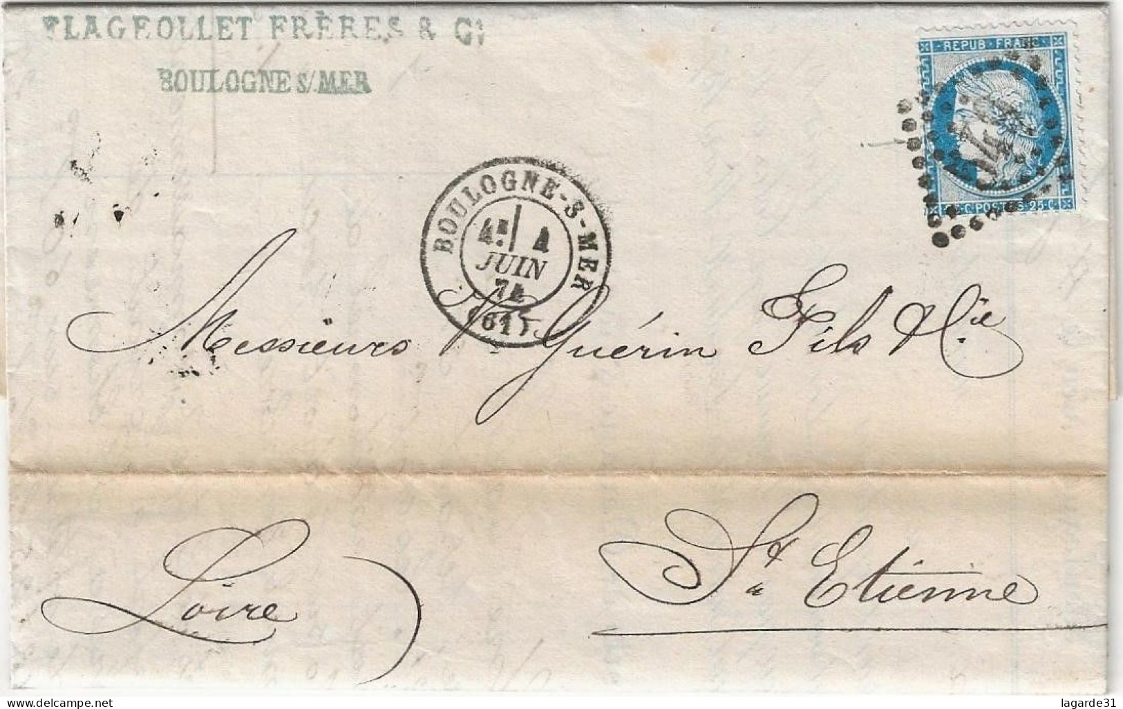 24-0110 LAC Boulogne Sur Mer 1874 Pour St Etienne Cachet 549 Flageollet Freres - 1871-1875 Cérès