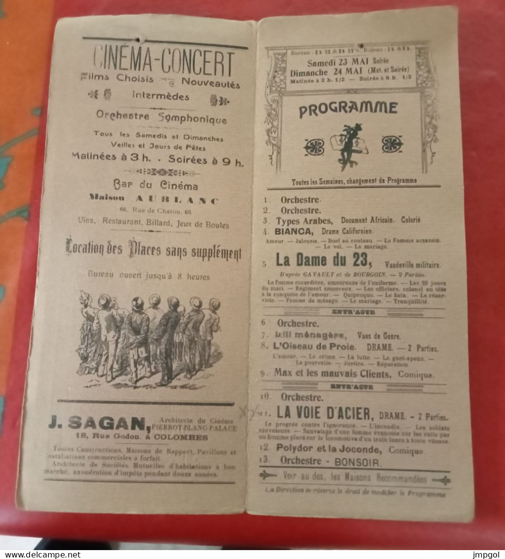 Programme Cinéma Concert Pierrot Blanc Palace Colombes (Hauts De Seine) Films Muets Concert Music Hall Avant 1914 - Programmes