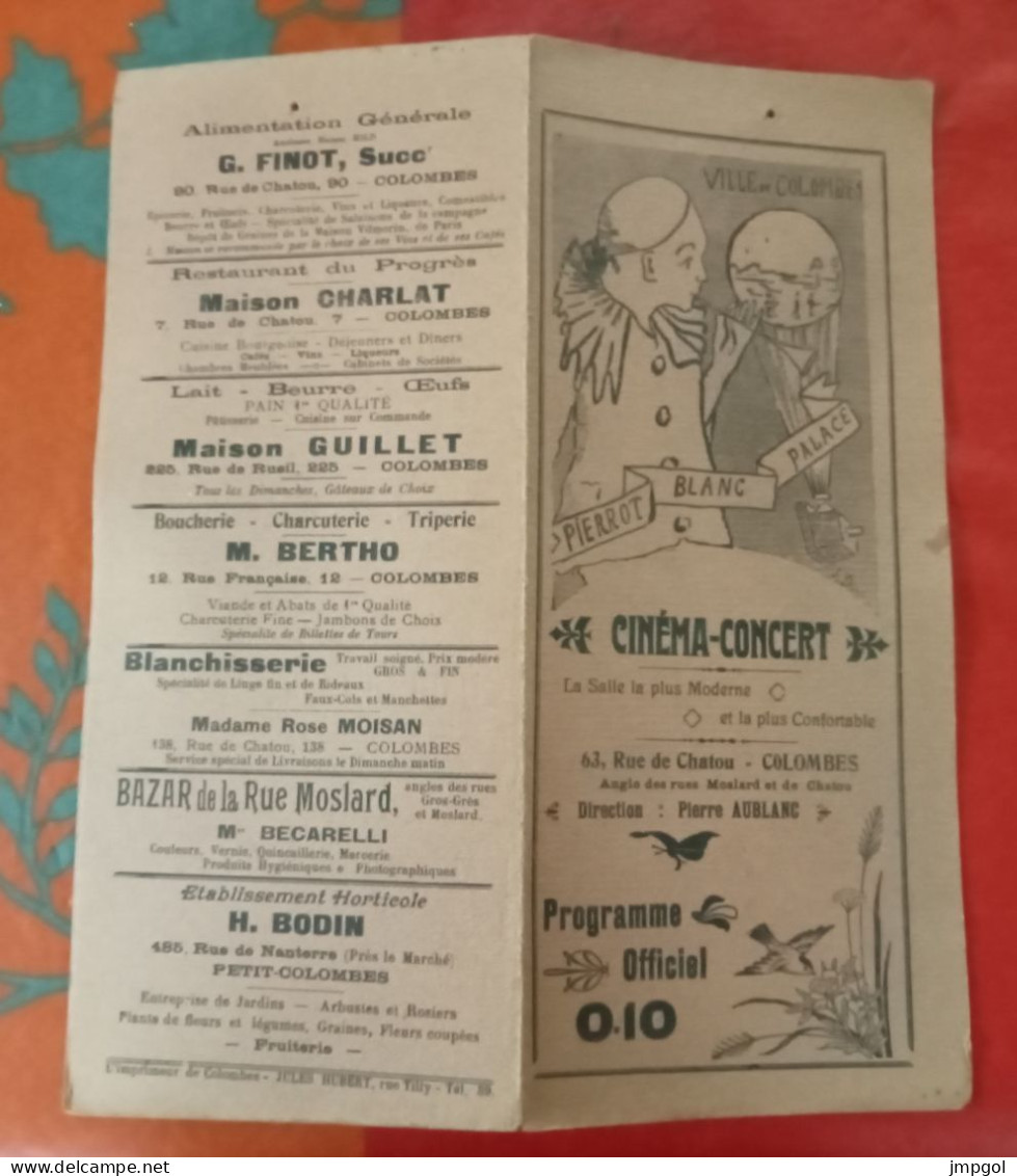 Programme Cinéma Concert Pierrot Blanc Palace Colombes (Hauts De Seine) Films Muets Concert Music Hall Avant 1914 - Programmes