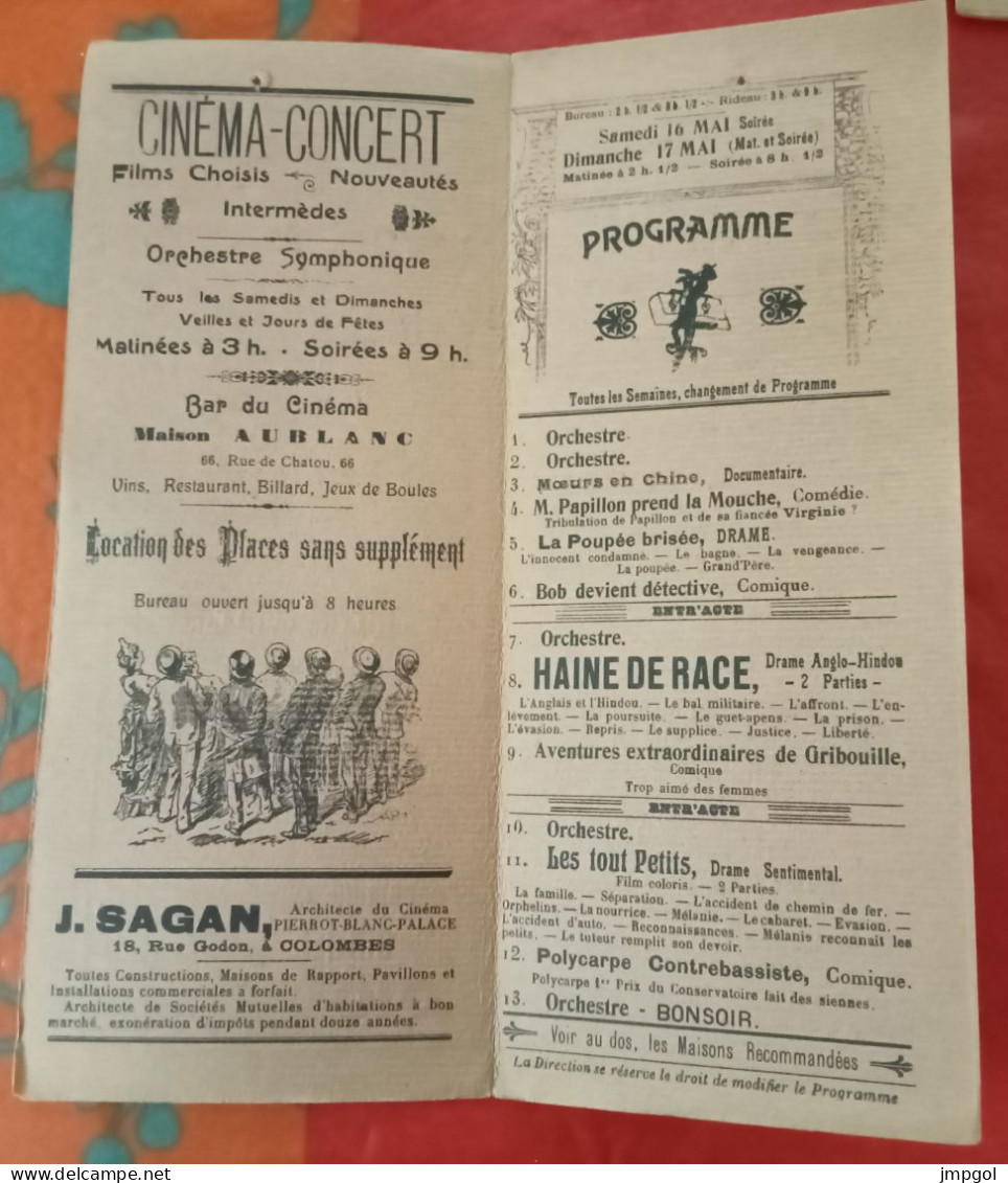 Programme Cinéma Concert Pierrot Blanc Palace Colombes (Hauts De Seine) Films Muets Concert Music Hall Avant 1914 - Programmes