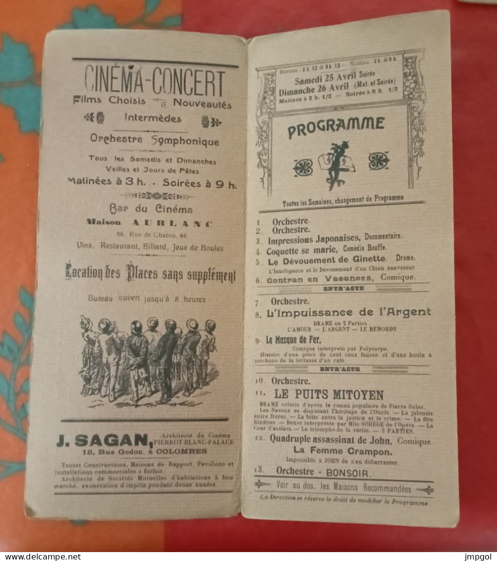 Programme Cinéma Concert Pierrot Blanc Palace Colombes (Hauts De Seine) Films Muets Concert Music Hall Avant 1914 - Programmi