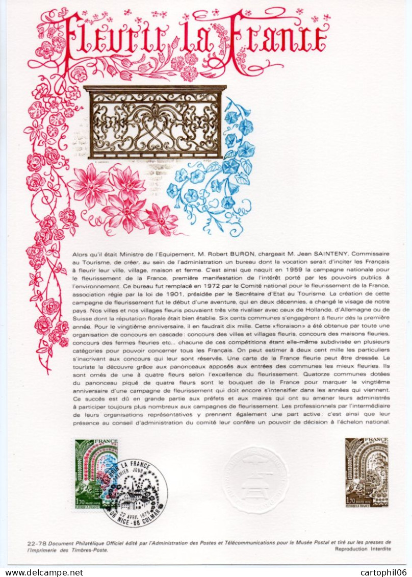 - Document Premier Jour FLEURIR LA FRANCE - NICE & COLMAR 22.4.1978 - - Documents Of Postal Services