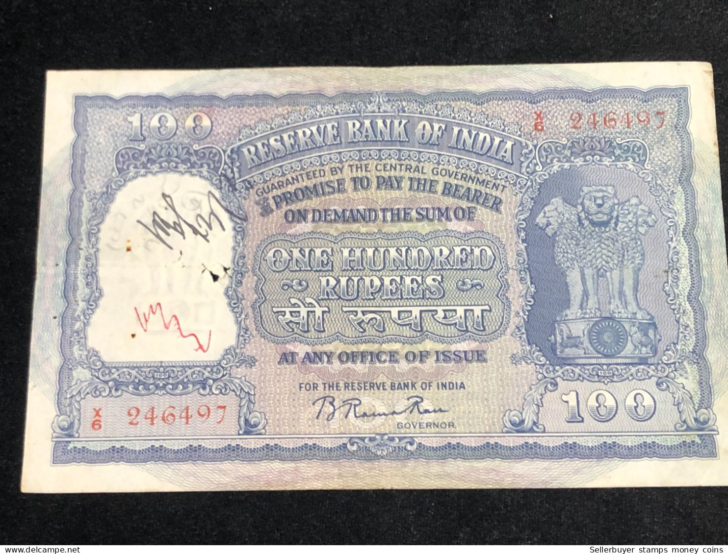 INDIA 100 RUPEES P-43  1957 TIGER ELEPHANT DAM MONEY BILL Rhas Pinhole ARE BANK NOTE Red Numbers Above And Below 1 Pcs A - India