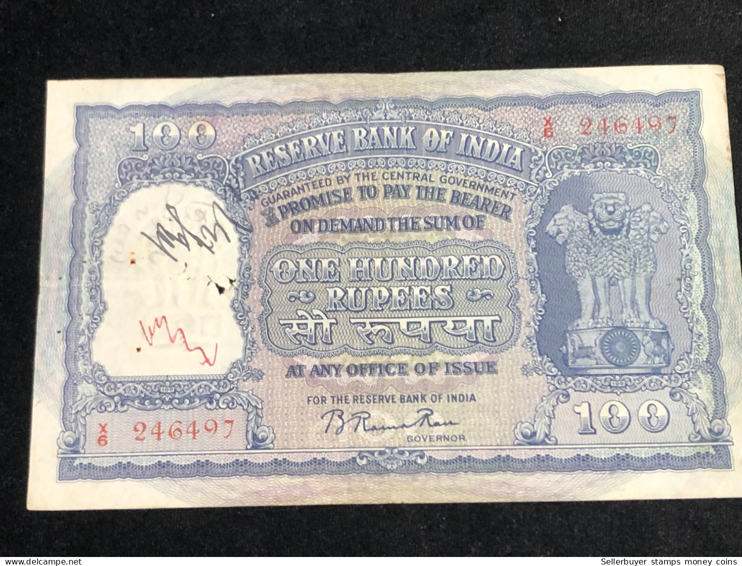 INDIA 100 RUPEES P-43  1957 TIGER ELEPHANT DAM MONEY BILL Rhas Pinhole ARE BANK NOTE Red Numbers Above And Below 1 Pcs A - India