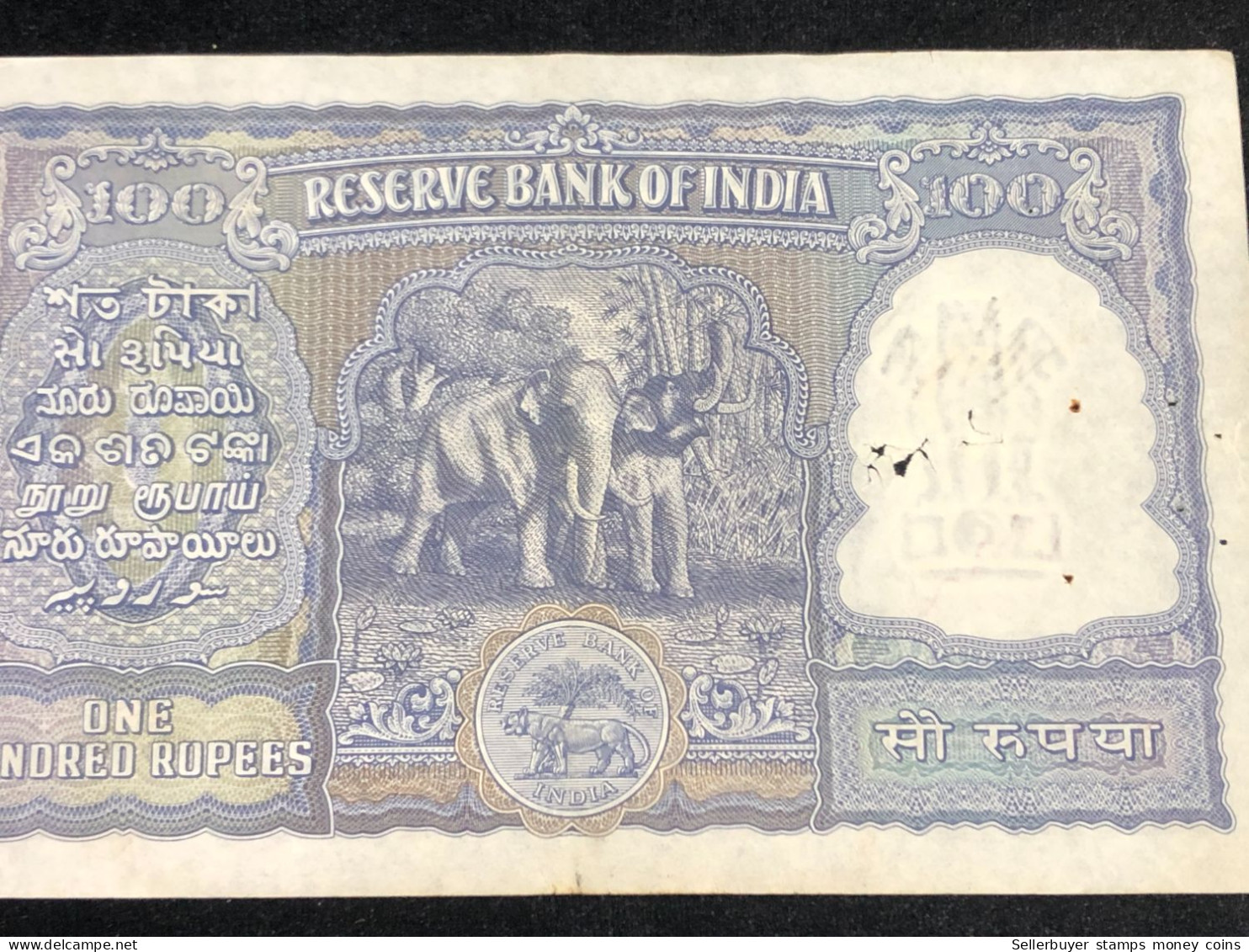 INDIA 100 RUPEES P-43  1957 TIGER ELEPHANT DAM MONEY BILL Rhas pinhole ARE BANK NOTE Red numbers above and below 1 pcs a