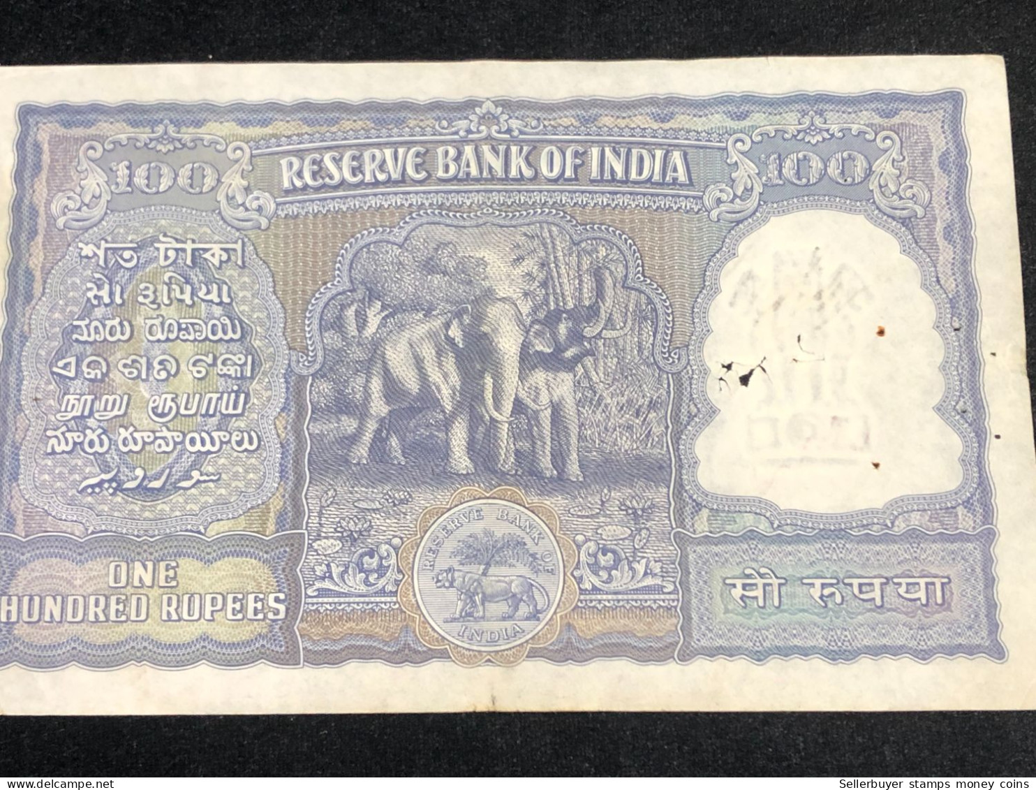 INDIA 100 RUPEES P-43  1957 TIGER ELEPHANT DAM MONEY BILL Rhas pinhole ARE BANK NOTE Red numbers above and below 1 pcs a