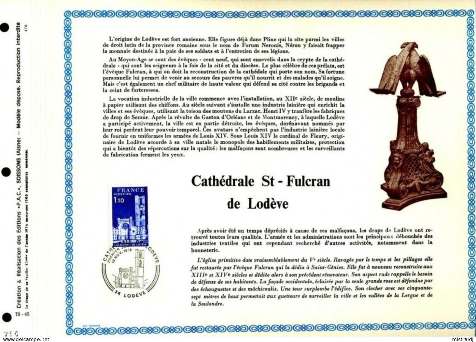 Rare Feuillet PAC (précurseur De CEF) De 1976 - CATHÉDRALE St FULCRAN DE LODÈVE - 1970-1979