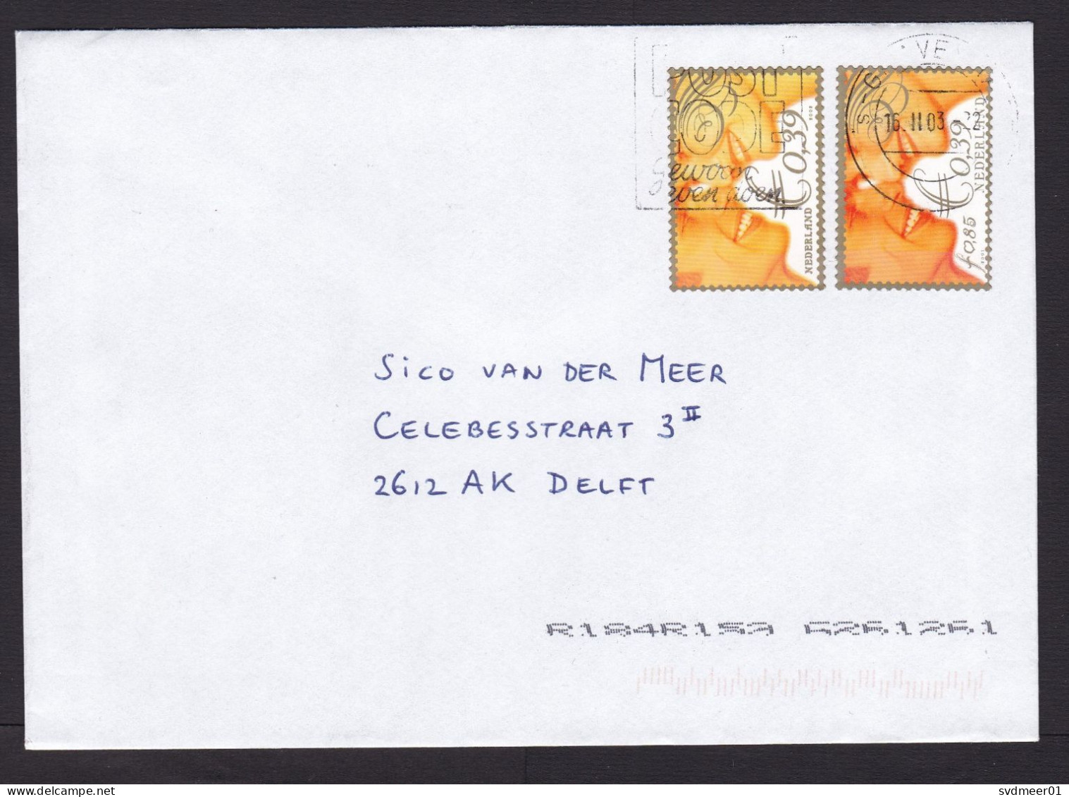 Netherlands: Cover, 2003, 2 Stamps, Wedding, Marriage, Love, 1x Dual Currency Euro-Guilder, 1x Euro Only (traces Of Use) - Covers & Documents