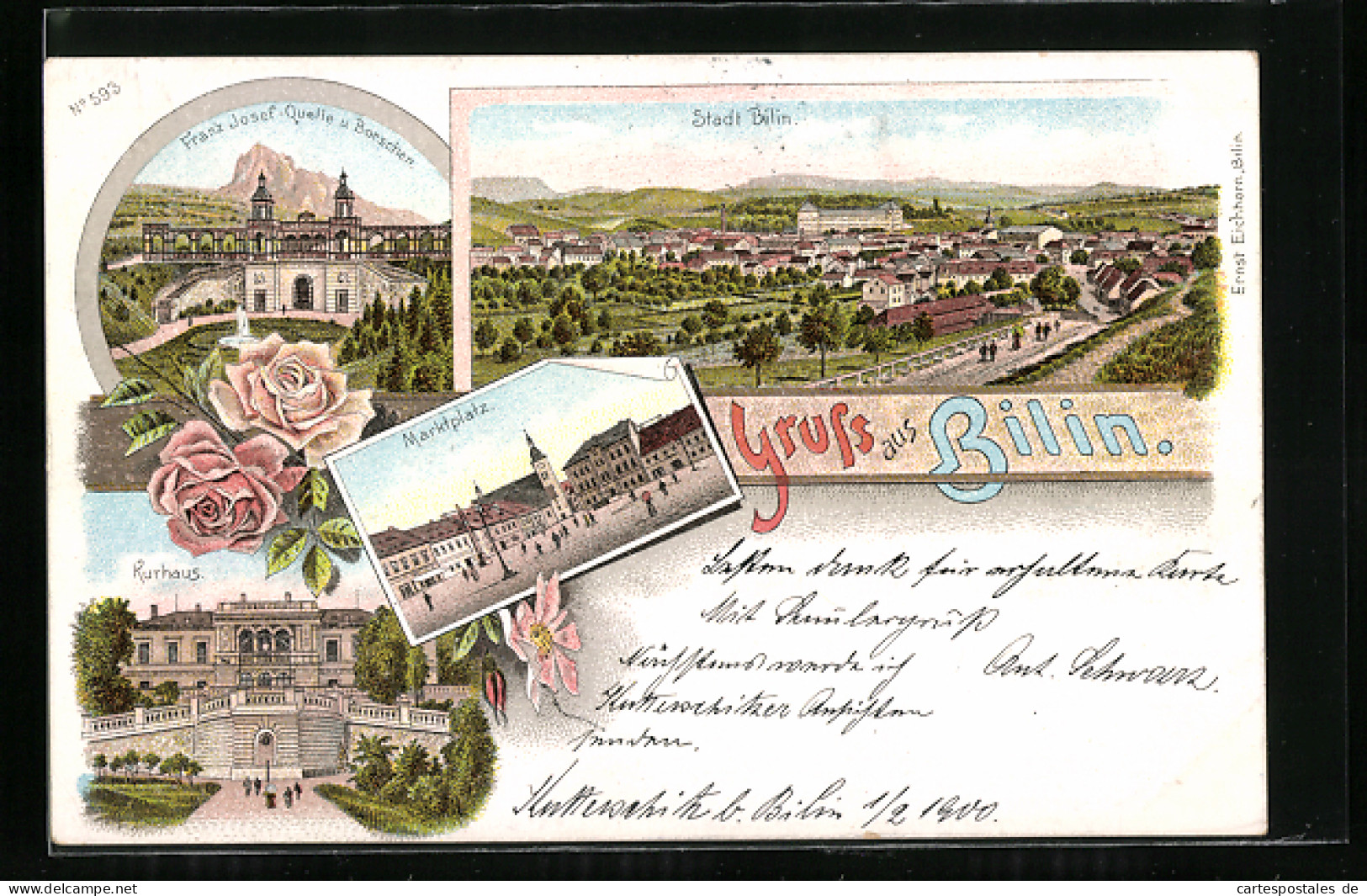 Lithographie Bilin, Marktplatz, Franz Josef-Quelle U. Borschen, Kurhaus  - Czech Republic