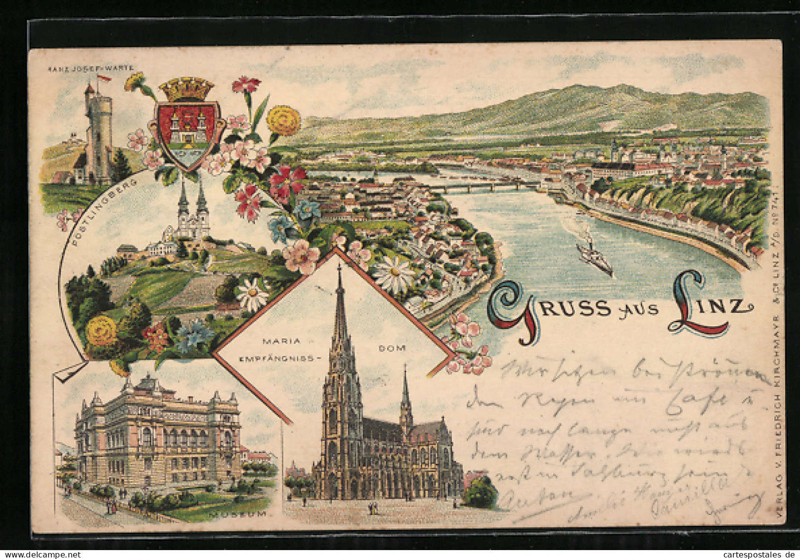 Vorläufer-Lithographie Linz, 1894, Museum, Maria Empfängniss-Dom, Pöstlingberg, Blick Auf Die Stadt  - Autres & Non Classés