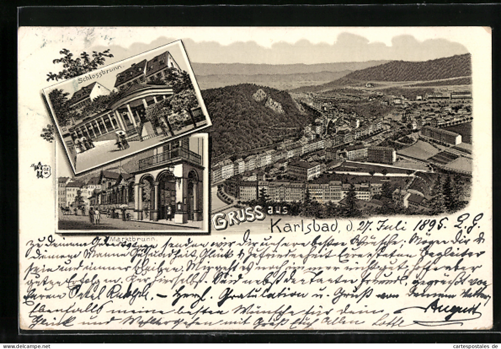 Vorläufer-Lithographie Karlsbad, 1895, Panorama, Schlossbrunn, Marktbrunn  - Czech Republic