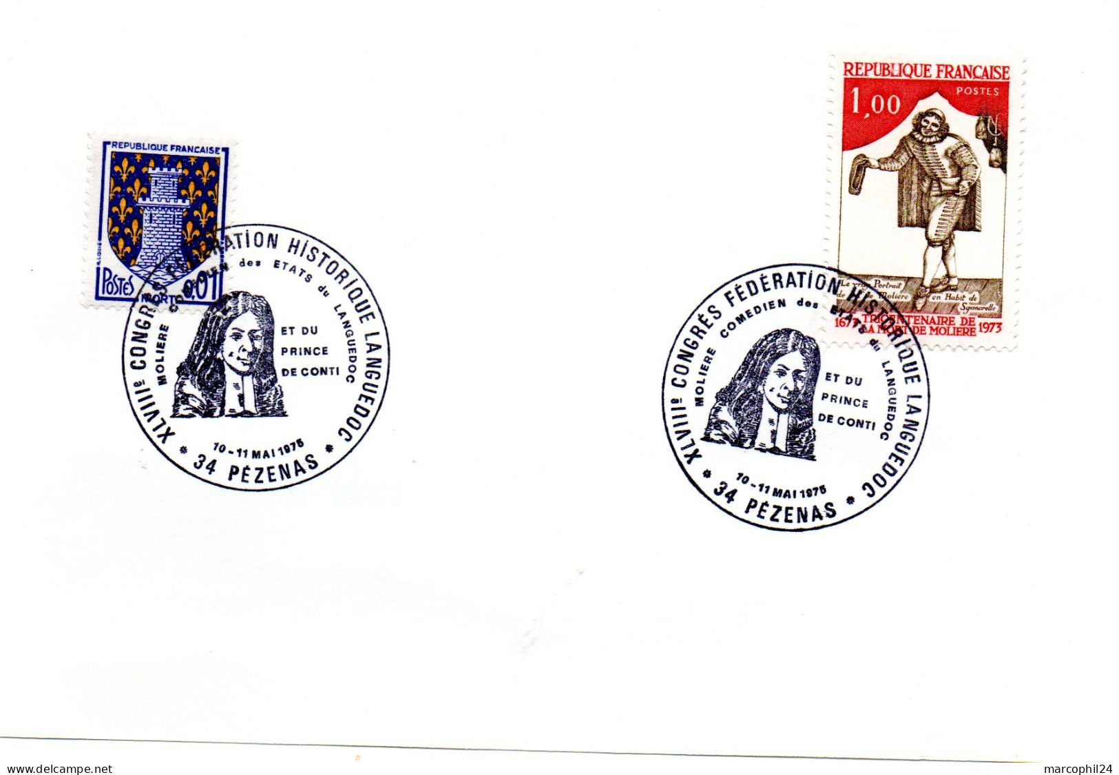 ECRIVAIN / MOLIERE = 34 PEZENAS 1975 = CACHET  Illustré  'Congrès Fédération Historique Languedoc ' Sur N° Yvt 1771 - Writers