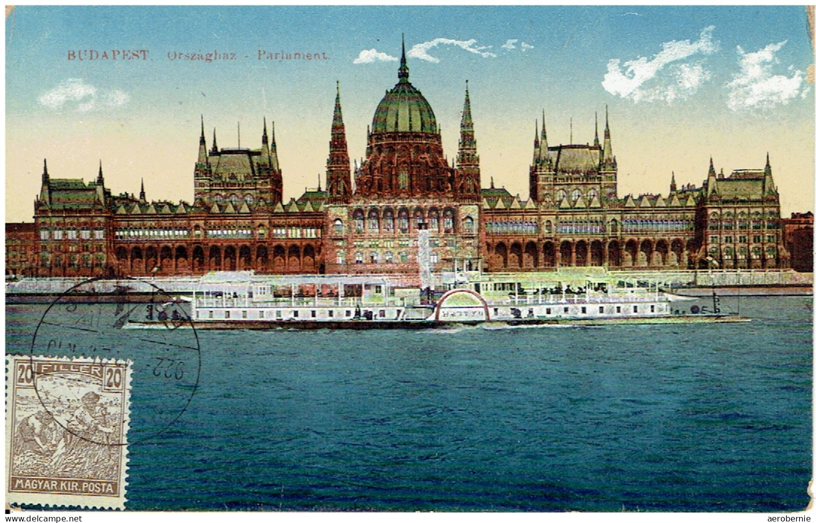 Alte Postkarte BUDAPEST - Parlamentsgebäude + Raddampfer (1922) - Steamers