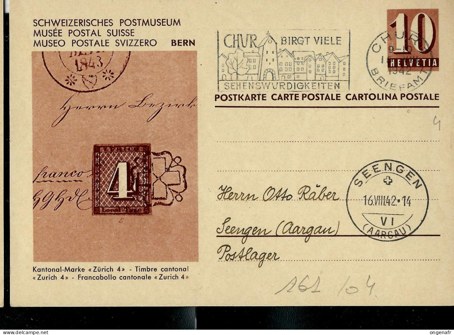 Carte Illustrée Neuve N° 161. Vue: 04 : Timbre Cantonal " Zurich 4 " - Obl. CHUR  15/08/1942 - Stamped Stationery