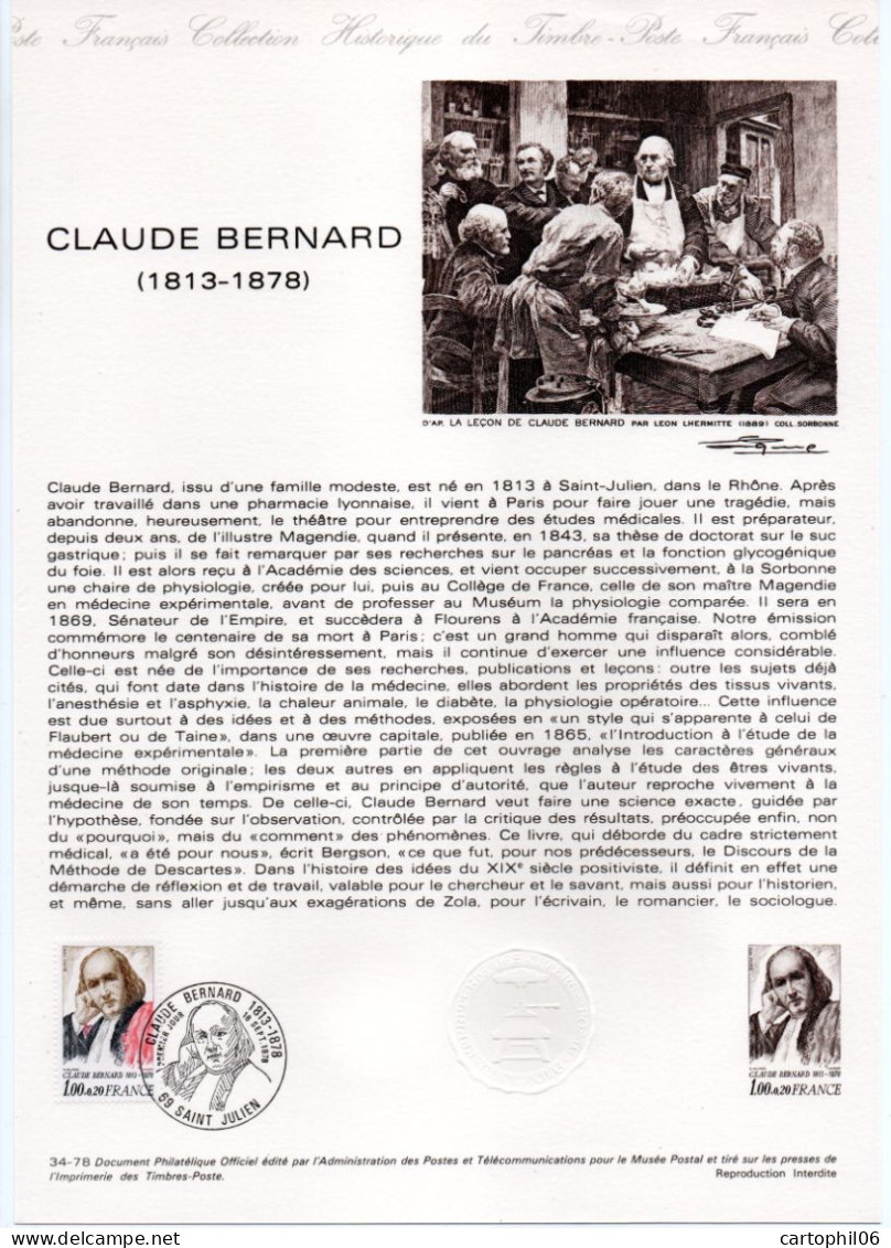 - Document Premier Jour CLAUDE BERNARD (1813-1878) - SAINT JULIEN 16.9.1978 - - Ecrivains