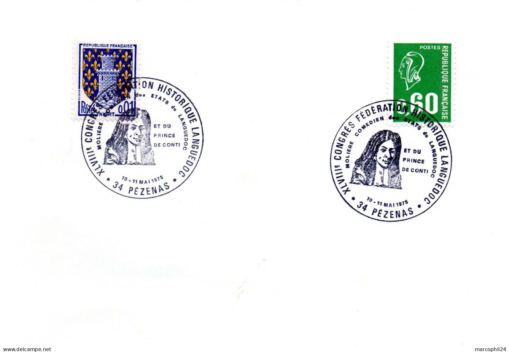 ECRIVAIN / MOLIERE = 34 PEZENAS 1975 = CACHET  Illustré  'Congrès Fédération Historique Languedoc + PRINCE CONTI ' - Ecrivains