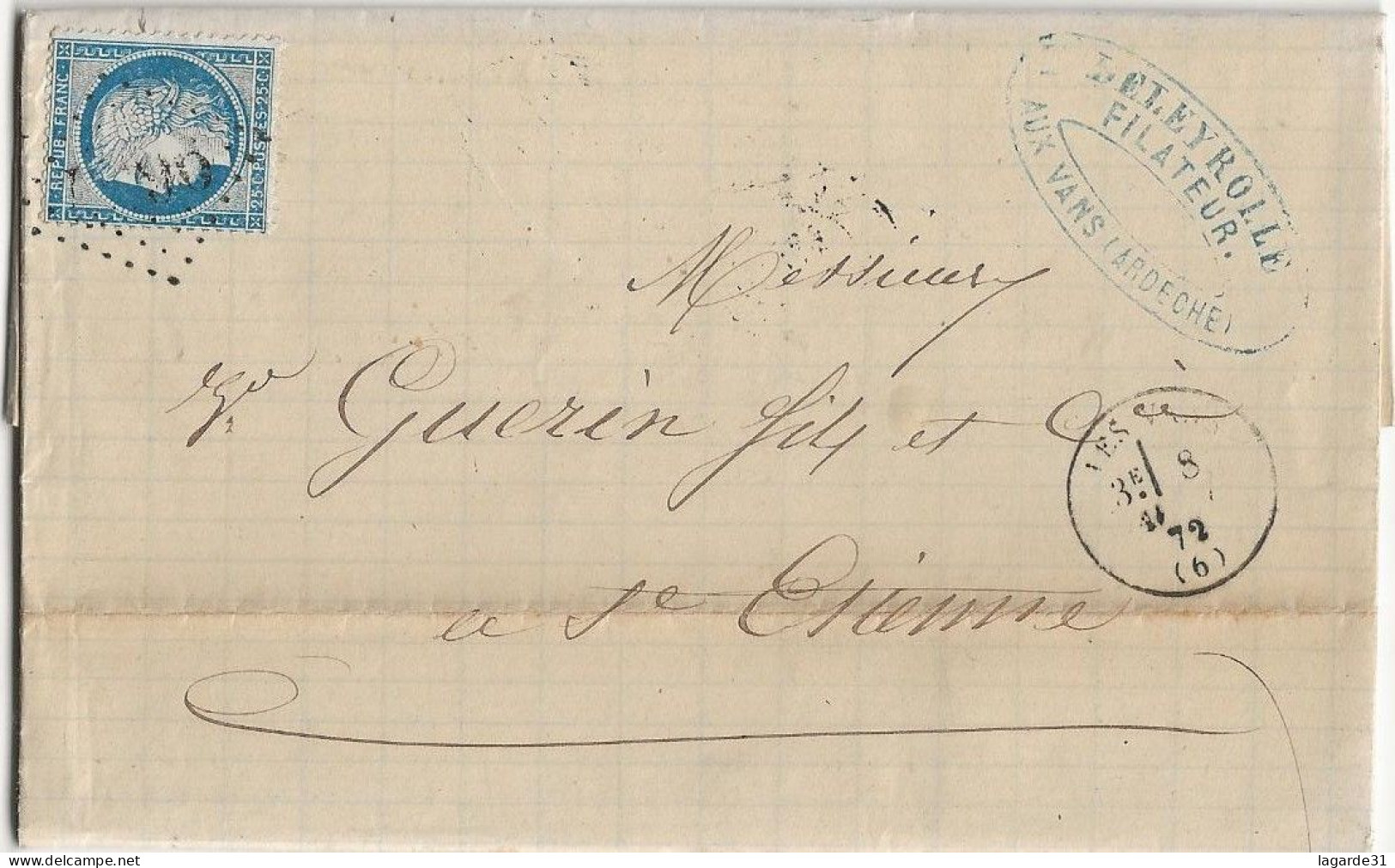 24-0111 LAC Les Vans 1872 Pour St Etienne DELEYROLLE - 1871-1875 Ceres