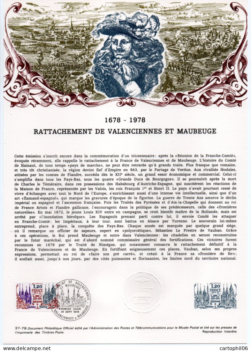 - Document Premier Jour LE RATTACHEMENT DE VALENCIENNES ET MAUBEUGE 1678-1978 - - Documenten Van De Post