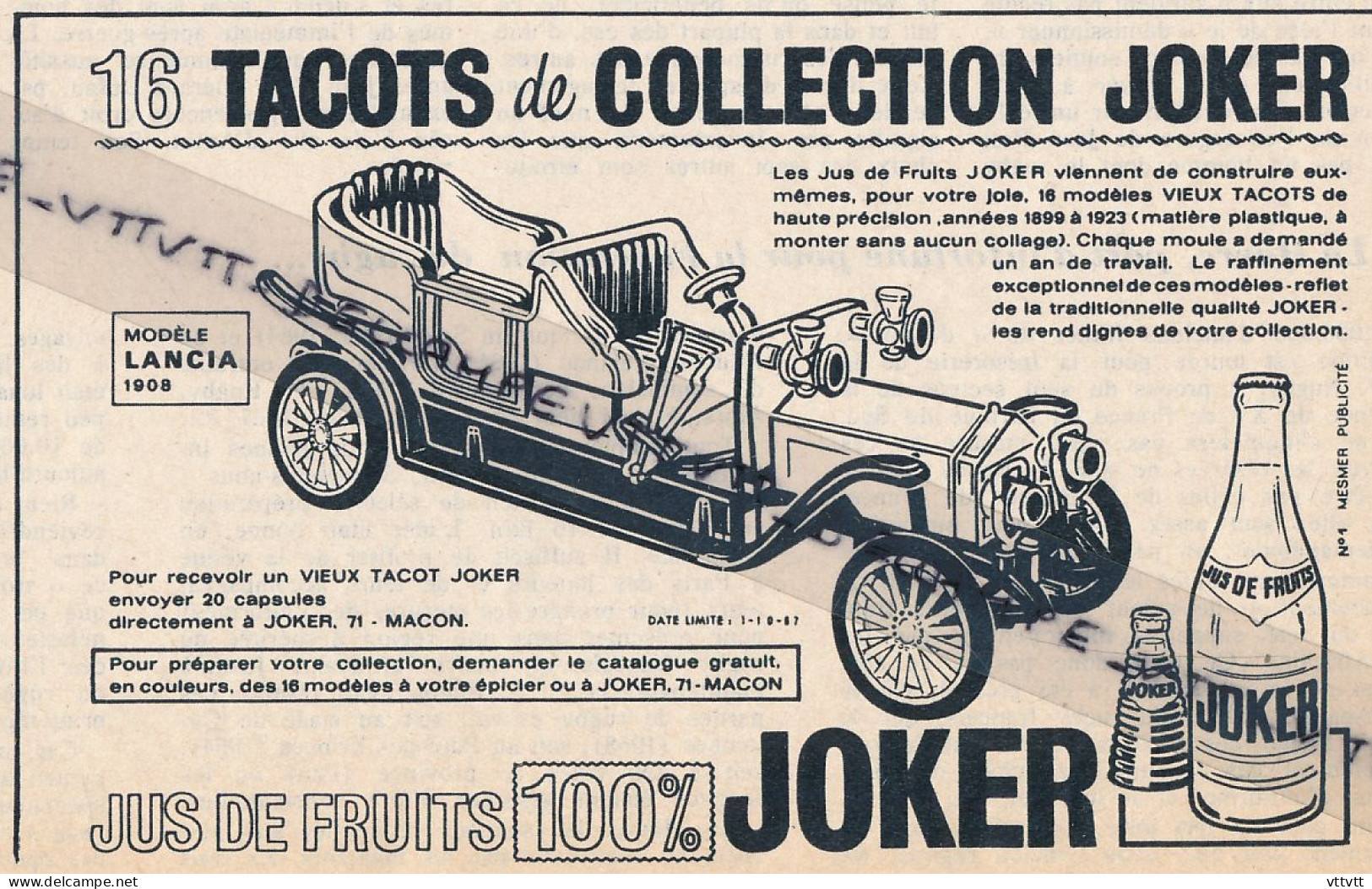 Ancienne Publicité (1967) : Jus De Fruits JOKER, 10 Tacots De Collection, Lancia 1908, Macon, Bouteilles - Reclame