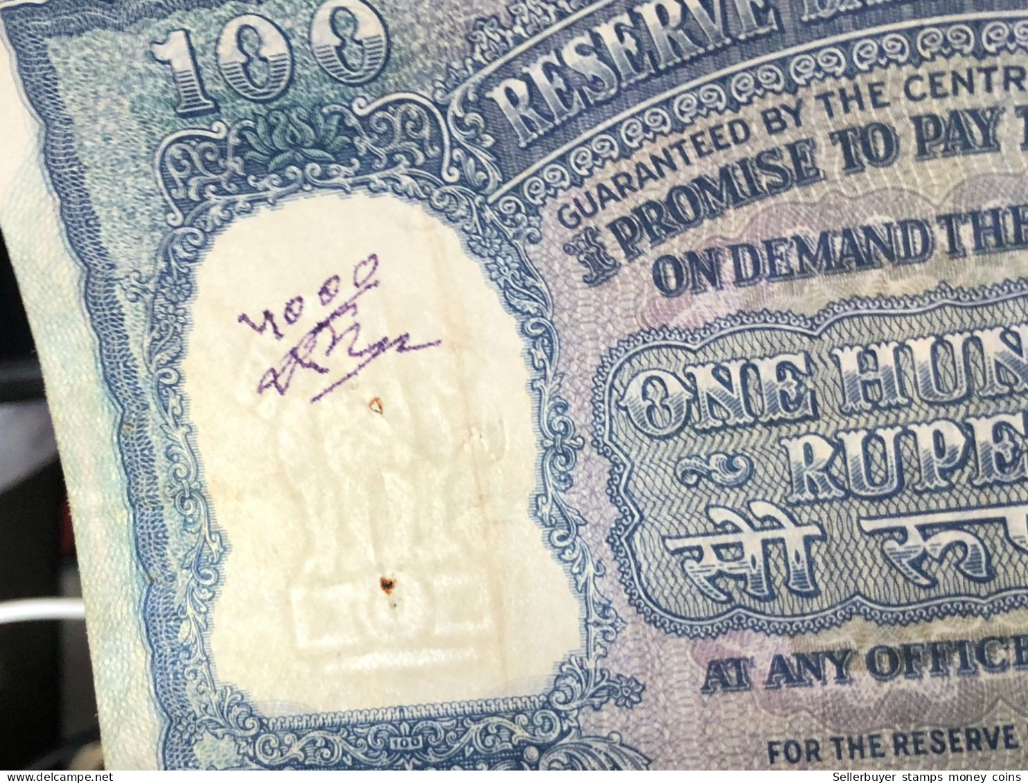 INDIA 100 RUPEES P-43  1957 TIGER ELEPHANT DAM MONEY BILL Rhas pinhole ARE BANK NOTE Black numbers above and below 1 pcs