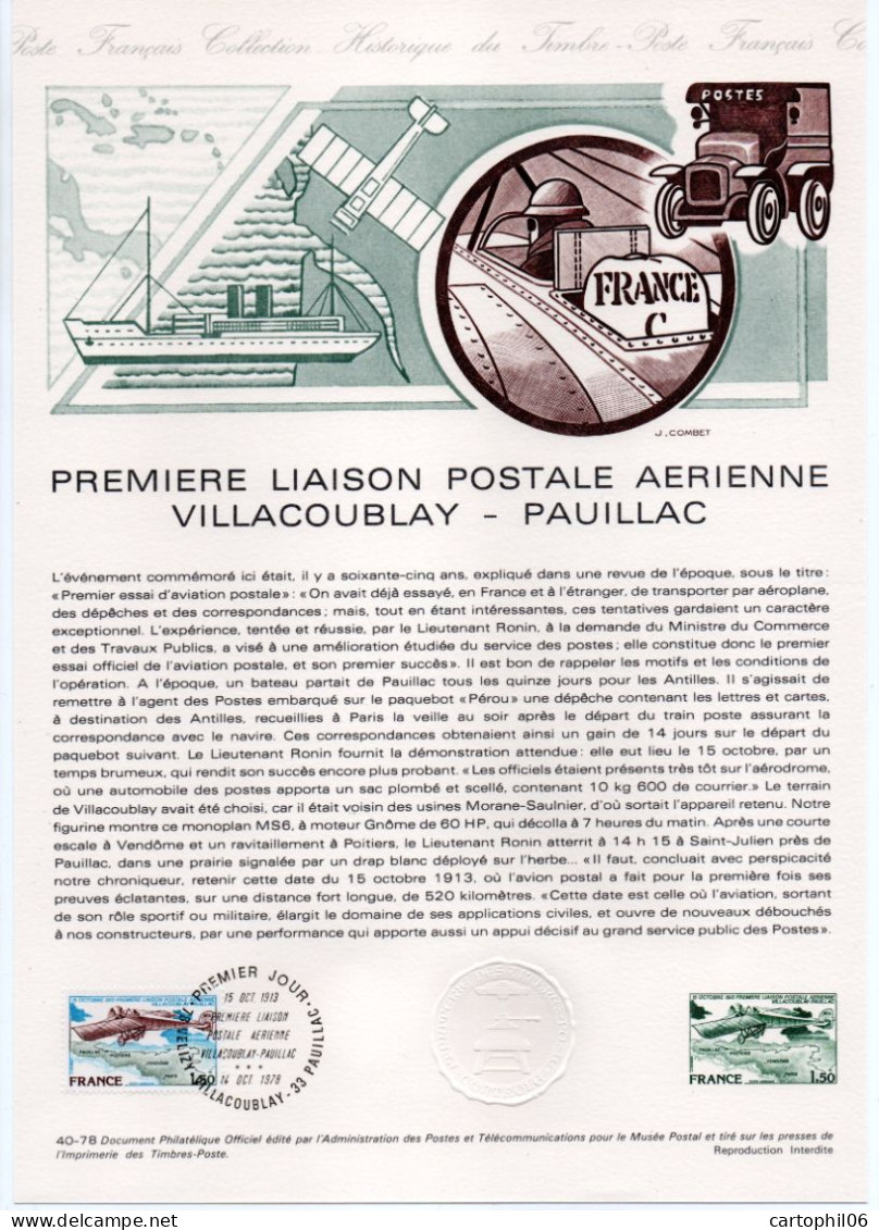 - Document Premier Jour LA PREMIÈRE LIAISON POSTALE AÉRIENNE VILLACOUBLAY - PAUILLAC 14.10.1978 - - Airplanes