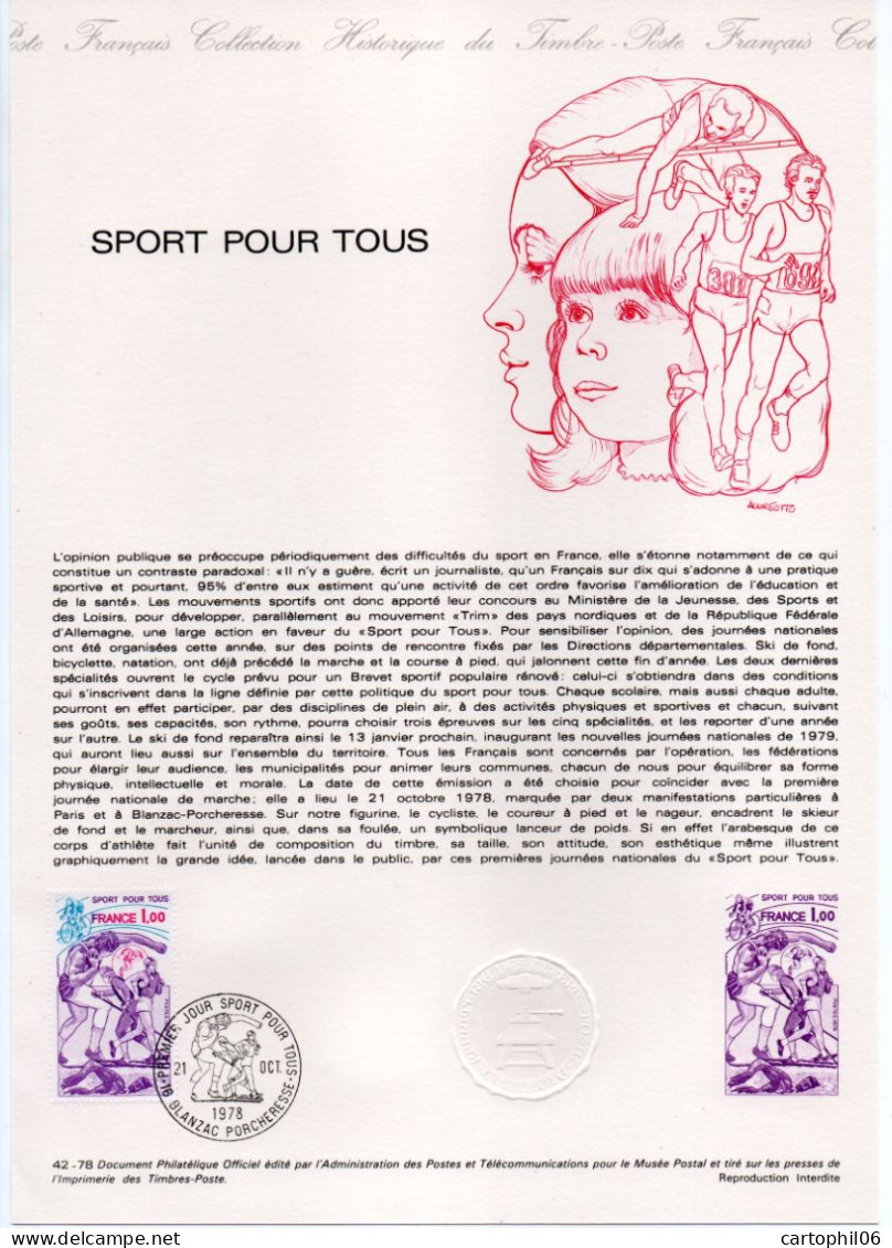 - Document Premier Jour LE SPORT POUR TOUS - BLANZAC PORCHERESSE 21.10.1978 - - Andere & Zonder Classificatie